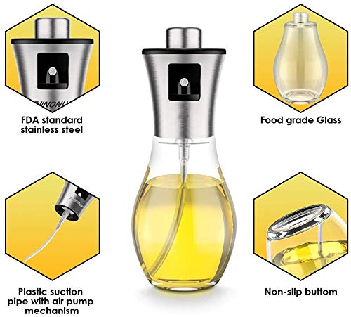Olive Oil Sprayer for Cooking, 200ml Oil Sprayer Mister Refillable Oil and Vinegar Dispenser Bottle with Basting Brush,Bottle Brush and Oil Funnel for Cooking, Baking, BBQ, Salad, Air Fryer, Roasting