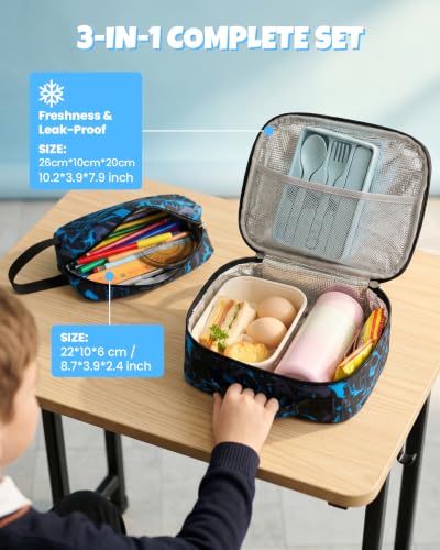 Amythe 3-Piece Luminous Backpack for Boys and Girls, Waterproof Durable School Bag, Children's School Bag with Lunch Bags and Large Capacity Pencil Case for Travel, Blue