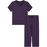 Latuza Women's Petite Pj Lounge Sets Viscose V Neck T-Shirt Wide Leg Pajamas