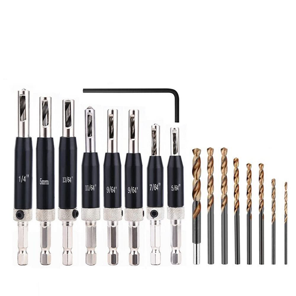 CENPEK 17Pcs Self Centering Drill Bit Set,5/64-1/4in Quick Change Hinge Tapper Core Drill Bit Set Tool Replacement Drill Bits for Woodworking Window Door