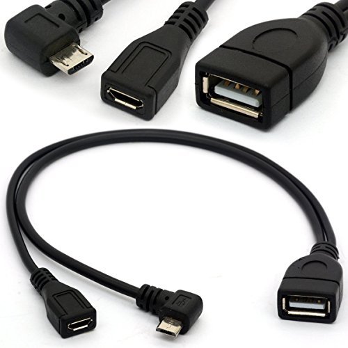 BSHTU Angled Micro USB Y Splitter Cable OTG Power Enhancer Cord USB 2.0 A Female to 90 Degree Micro USB Male and Straight Micro Female On-The-Go Adapter (Micro Male 90Degree)