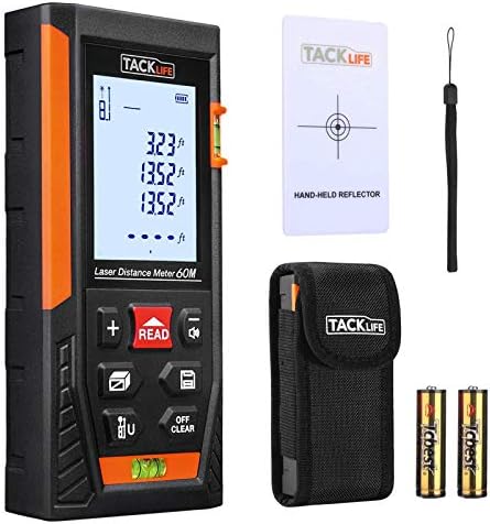 Tacklife HD60 Classic Laser Measure 196Ft M/In/Ft Mute Laser Distance Meter with 2 Bubble Levels, Backlit LCD and Pythagorean Mode, Measure Distance, Area and Volume – Carry Pouch and Battery Included Tacklife HD60 Classic Laser Measure 196Ft M/In/Ft Mute Laser Distance Meter with 2 Bubble Levels, Backlit LCD and Pythagorean Mode, Measure Distance, Area and Volume – Carry Pouch and Battery Included