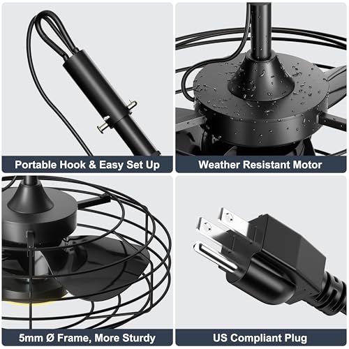 Coolbull Outdoor Ceiling Fans with Light for Patios, 20'' Wet Rated Gazebo Fan Remote&APP Control, Dimmable Hanging Fan with Plug in Cord for Pergola, Black