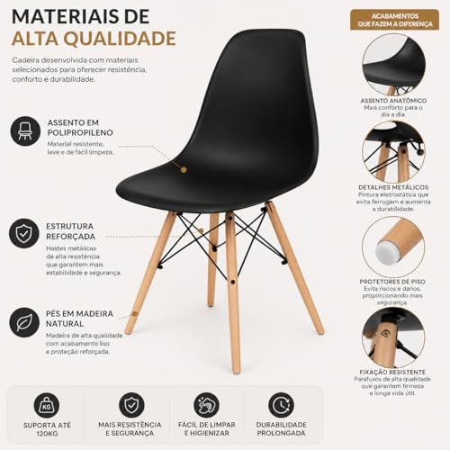 Kit 4 Cadeiras Eames Premium com Pés de Madeira – Design Moderno para Sala de Jantar, Cozinha e Escritório (PRETO)