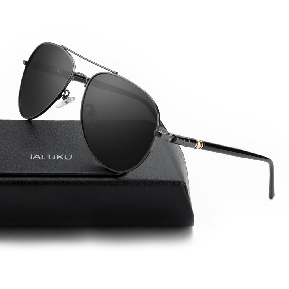 IALUKU Classic Aviator Polarized Sunglasses Pilot Cylindrical Temple UV400 Lens (Grey / Grey, 57)