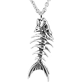 Controse Silver-Toned Stainless Steel Fish Bones Necklace with Pendant (17" - 19" Adjustable Chain)