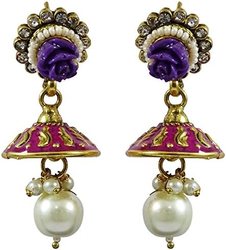 Matra Indian Traditional Goldtone CZ Stone Acrylic Rose Jhumka Earrings Women Jewellery