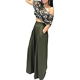 BFFBABY Womens Casual Palazzo Pants High Waist Printed Ruched Loose Flowy Lounge Wide Leg Pants (M-3XL)