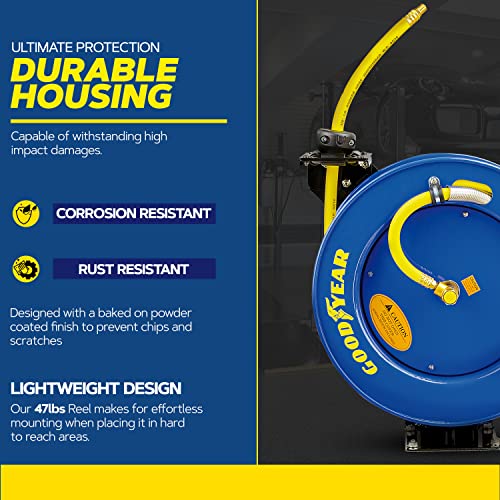 Goodyear Air Hose Reel Retractable 3/8" Inch x 50' Foot SBR Rubber Hose Max 300PSI Heavy Duty