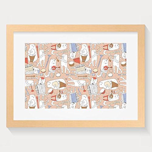 HUANGLING Cartoon Musician Cute Cats With Drum Accordion Tube Guitar Music Theme Pattern Framed Wall Art Prints For Home Decoration Wood
