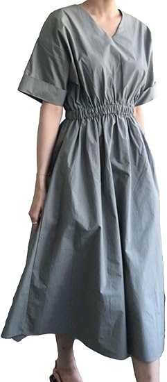 Amazon シーポン 清楚 シンプル ロールアップスリーブ フレア サマーワンピース モスグリーン ワンピース チュニック 通販