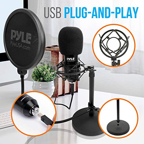 Pyle USB Microphone Podcast Recording Kit - Audio Cardioid Condenser Mic w/Desktop Stand and Pop Filter - for Gaming PS4, Streaming, Podcasting, Studio, YouTube, Works w/Windows Mac PC PDMIKT120