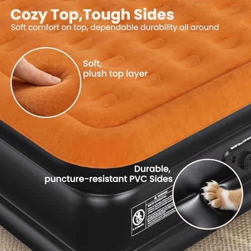 CHERIMOR Queen Air Mattress with Built-in Pump, Stable Edge Design, 48-Hour Leak-Tested Durable PVC, Supports up to 800 lbs, 3-Min Fast Inflation, Portable Inflatable Bed for Home Guests & Camping