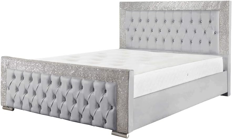 OWO Living New Valencia Crushed Velvet Fabric & Faux Leather Glitter Bed Frame in 4 Sizes Exclusive (King, Ice Silver Crushed Velvet)