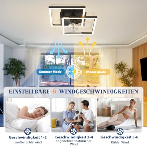 Homefire Ceiling Fan with Light - LED Lamp Fan Ceiling Silent and Remote Control Black 3000-6500K Dimmable Modern Ceiling Fans 6 Speeds DC Motor for Bedroom
