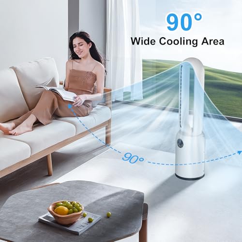 Bladeless Tower Fan, 90CM Tower Fan with Remote & LED Display, 24 Speeds & 12H Timer 90° Oscillating Pedestal Fan Cooling Bladeless Fan, Low Noise Standing Fan for Indoor, Bedroom, Home, Office