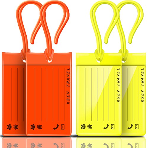Luggage Tags 4 PACK, KSEV Travel Tags, ID Labels, Name Card Holder for Baggage Bags Suitcases Backpacks (Orange/Yellow)