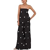 Ceputer Women 2 Piece Outfits Polka Dot Summer Pants Set Strapless Tube Top High Elastic Waist Wide Leg Pants Lounge Sets