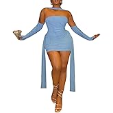 Sexy Strapless Tube Top Mesh Mini Dress for Women Bodycon Ruched Ribbons Birthday Date Night Dresses