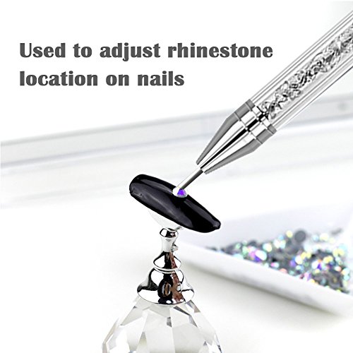 Dual Ended Nail Rhinestones Picker Pencil Dotting Pen Nail Art Design Studs Picker Crystal Beads Acrylic Handle Stainless steel and Wax Double Head Manicure Tool with Travel case (1pcs)