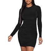 Mokoru Women's Sexy Basic Elegant Long Sleeve Ruched Bodycon Club Party Mini Dress