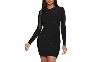 Mokoru Women's Sexy Basic Elegant Long Sleeve Ruched Bodycon Club Party Mini Dress