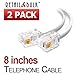(2 Pack) 8 Inch Telephone Cord, Professional Grade Made in USA, 6P4C Male RJ11 Plugs with 50 Micron Gold Contacts, Pure Copper Wire Phone Line Cable (8 Inches, White)