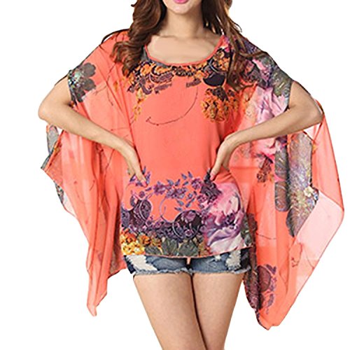 iNewbetter Women's Chiffon Caftan Poncho Tunic Top Cover up One Size Scarf Top (Red)