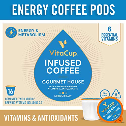 VitaCup Gourmet House Energy Blend Coffee Pods 16ct | Keto | Paleo | Whole30 | Vitamins B1, B5, B6, B9, B12, D3 | Compatible with K-Cup Brewers Including Keurig 2.0 | Medium Roast