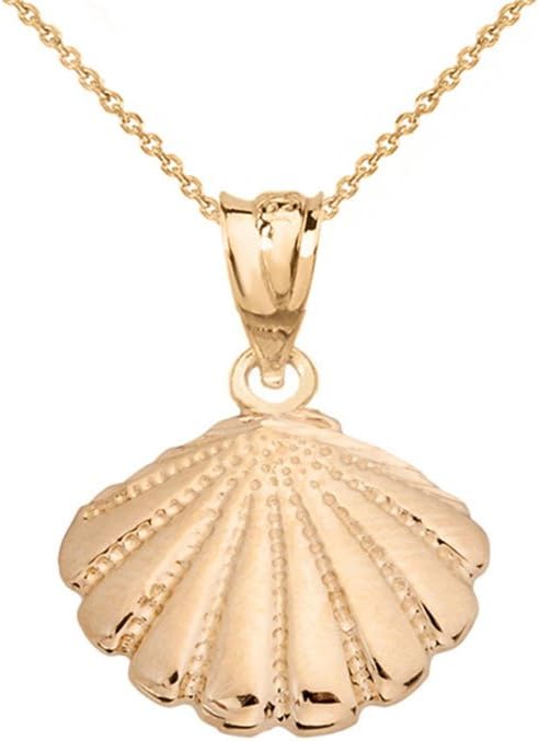 Elegant 14k Yellow Gold Cockle Sea Shell Pendant Necklace