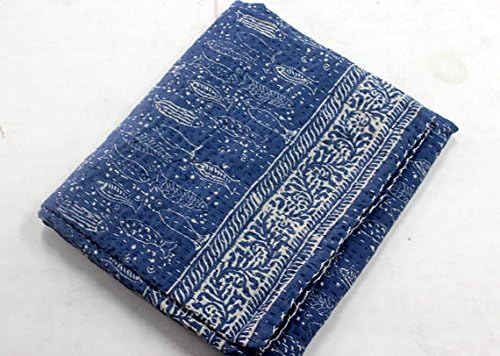 INDIAN SPARROW Natural Blue Indigo Hand Block Print Indian Cotton Kantha Quilt,Handmade Kantha Stitched Bed Cover/Blanket fish print