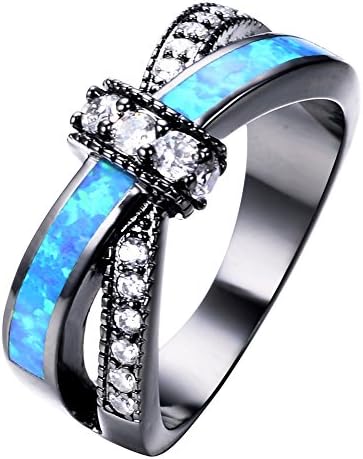 Adeser Jewelry Womens Lab Blue Opal and White Opal Wedding Ring,10 KT Black Gold Plated Womens Rings Size 10 (BL)