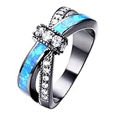 Adeser Jewelry Womens Lab Blue Opal and White Opal Wedding Ring,10 KT Black Gold Plated Womens Rings (BL)