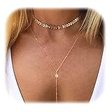 Suyi Women Girl Unique Alloy Fish Bones V Shape Sequins Choker Necklace with Long Chain Pendant A-Gold