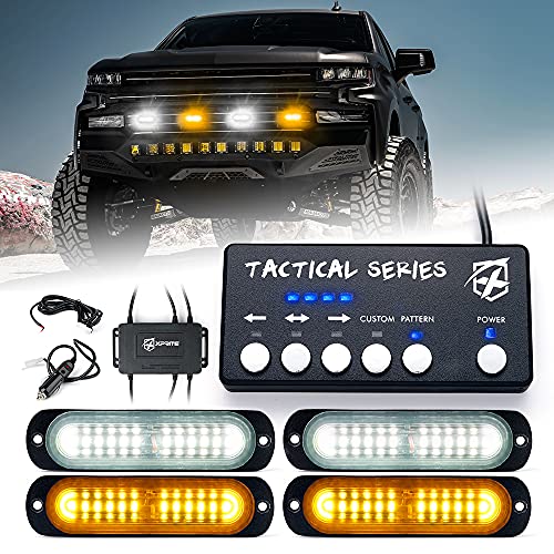 Xprite Amber/White LED Surface Mount Strobe Lights Kit, Grill Grille Side Marker Light Flashing Emergency Warning Light Assemblies w/Control Box for Trucks Vehicles ATV RV Cars Van - 4PCS
