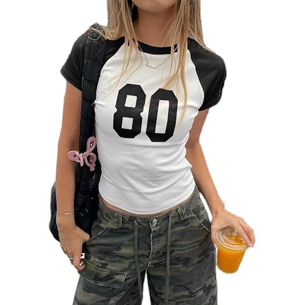 Womens Y2k Baby Tees Number 80 Shirts Slim Fitted Short Sleeve