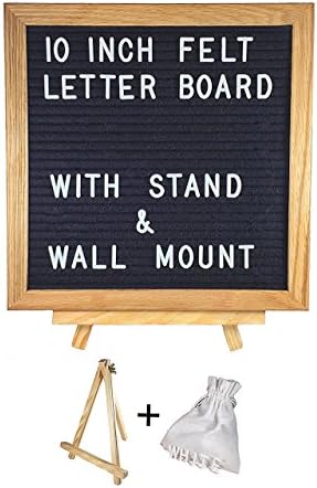 Letter Board - Changeable Black Felt 10 X 10 Inch Oak Frame, Includes 290 White Letters and Characters, Mounting Hook, Free Drawstring Canvas Letter Bag, and BONUS STAND
