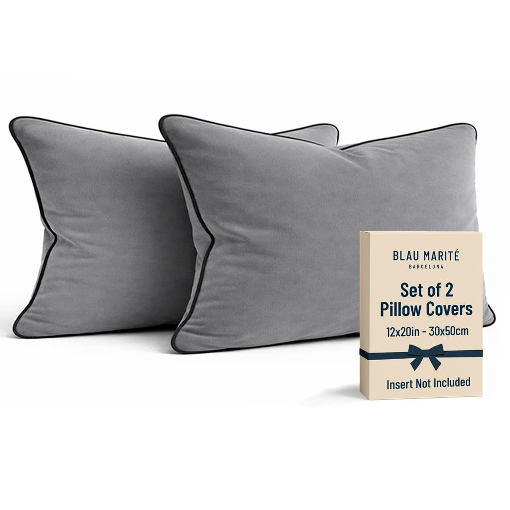 Blau Marité Set of 2 Velvet Throw Pillow Covers with Contrast Piping, Soft Decorative Cushion Covers, Dove Grey, 12"x20" (30x50 cm).