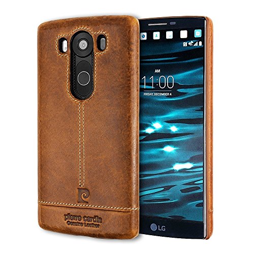 Pierre Cardin Premium Genuine Italian Cowhide Leather Handcrafted Case Slim Back Cover for LG v10 5.7 Inches Brown