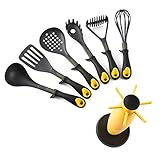 Zestkit 7 Piece Kitchen Utensils Set, Nylon Cooking Cookware Gadget Tool Set Includes Masher, Ladle, Slotted Spoon, Pasta Server, Whisk Slotted Turner and 360° Rotating Stand