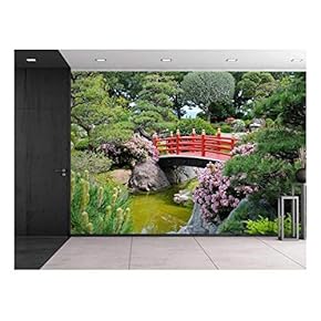 Red Bridge Over a Lake Surrounded by Beautiful Trees - Wall Mural, Removable Sticker, Home Decor - 66x96 inches