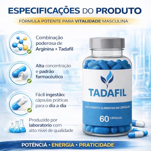 Tadafil Suplemento Alimentar Masculino 60 Cápsulas de Disposição Energia Masculina Desempenho Vitalidade Uso Diário