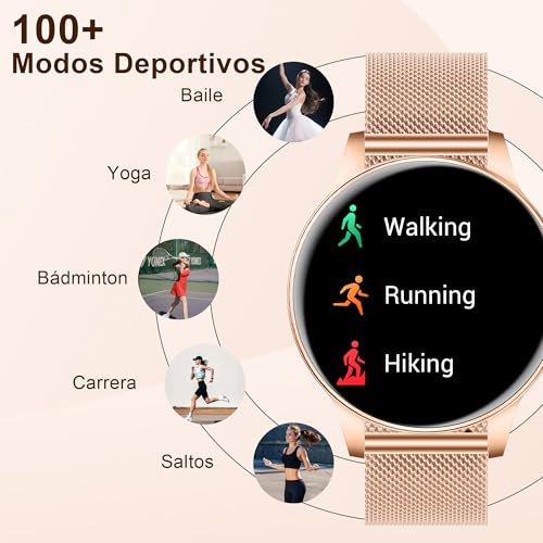 Fitdafit Reloj Inteligente Mujer, 1.27" HD Smartwatch Mujer con Llamadas Bluetooth, IP68 Impermeable Smart Watch con Monitor Sueño, Podómetro, Pulsómetro, 110+ Deportes Relojs Salud para Android iOS