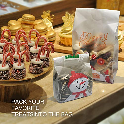 Christmas Cookie Bags Snack Bags Plastic Cookies Bakery Candy Treat Bags for Gift Giving Wrapping Packaging Bags Toaster Bags Santa Claus Snowman Snowflake 100 Pack Cookie Sealing Stickers 