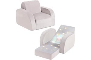 MOMCAYWEX Kids Sofa, 3-in-1 Flip Open Toddler Couch, Comfy Kids Lounger, Velvet Fabric, Grey