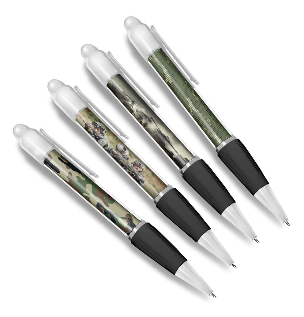 DV DESIGN Set of 4 Army White Ballpoint Pens - Armed Forces Soldiers Camouflage Camo Themed Boys Girls Men Women Pen #79599