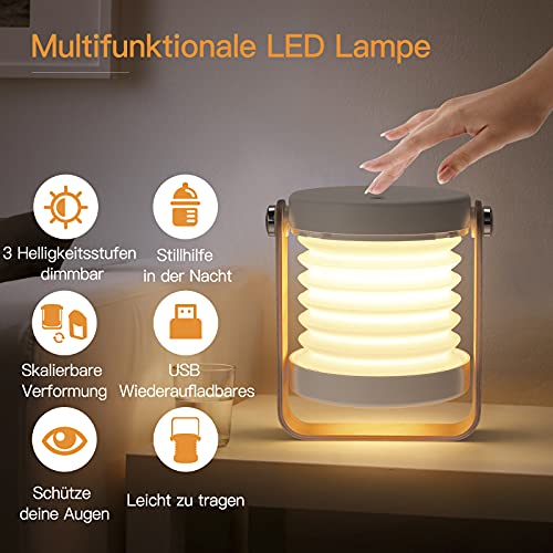 Tischlampe LED USB wiederaufladbar, Sintage Touch Dimmbar, drei Lichtmodi, 360° Beleuchtung Tragbar Faltlaternenlicht , Geeignet für Campinglampe Schlafzimmer Wohnzimmer Lesen