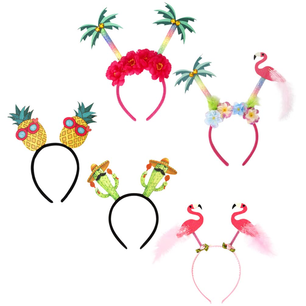 Abaodam 5 Pieces Hawaiian Party Head Boppers Set Tropical Headbands for Girls Include Palm Tree Bopper Flamingo Party Glitter Cactus