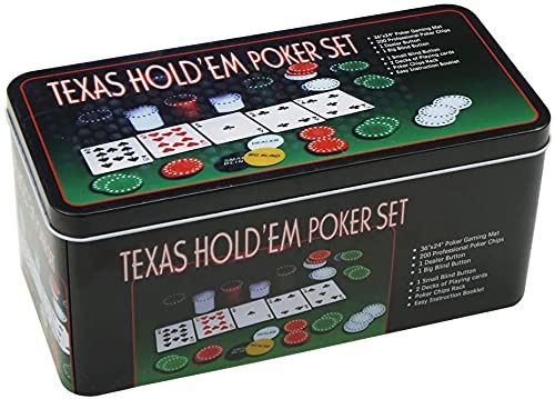 ISDI Poker Set Metal Box, 200 Poker Chips, 2 Decks, Dealer Button, Small Blind, Big Blind, Game Mat