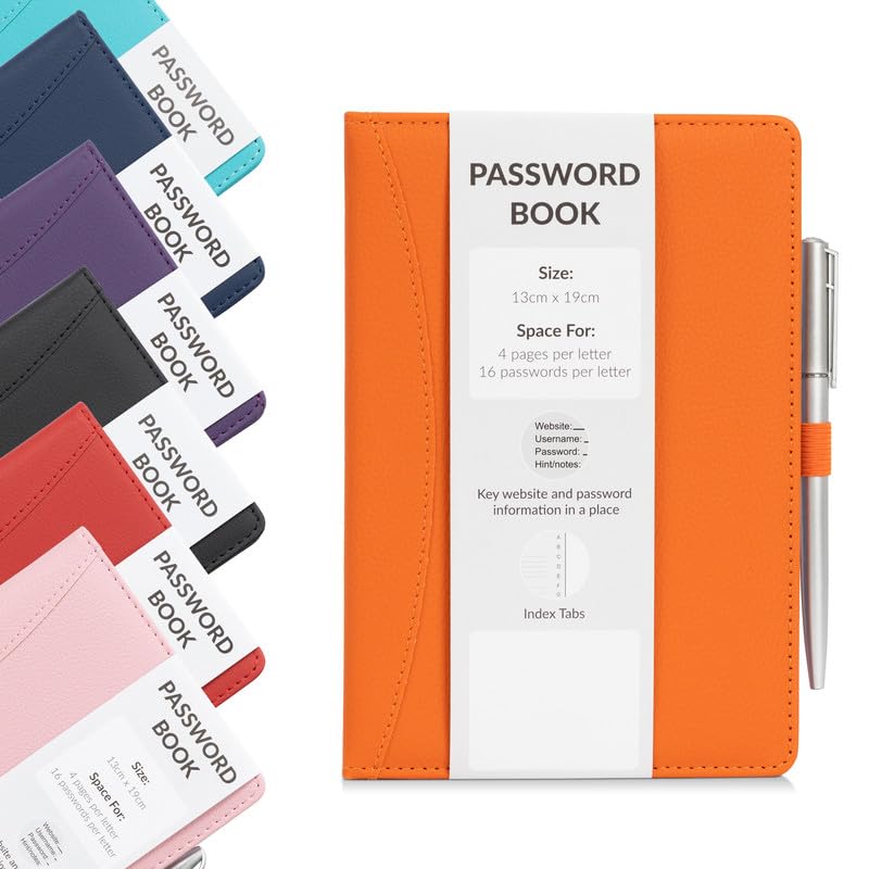 Password Book Alphabetical with Tabs - Secure Login Organiser for Websites, Username & Notes - Hardback A-Z Index Password Keeper with Pen (Orange)